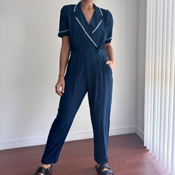 Vintage Pants - Vintage 80s nautical navy blue jumpsuit